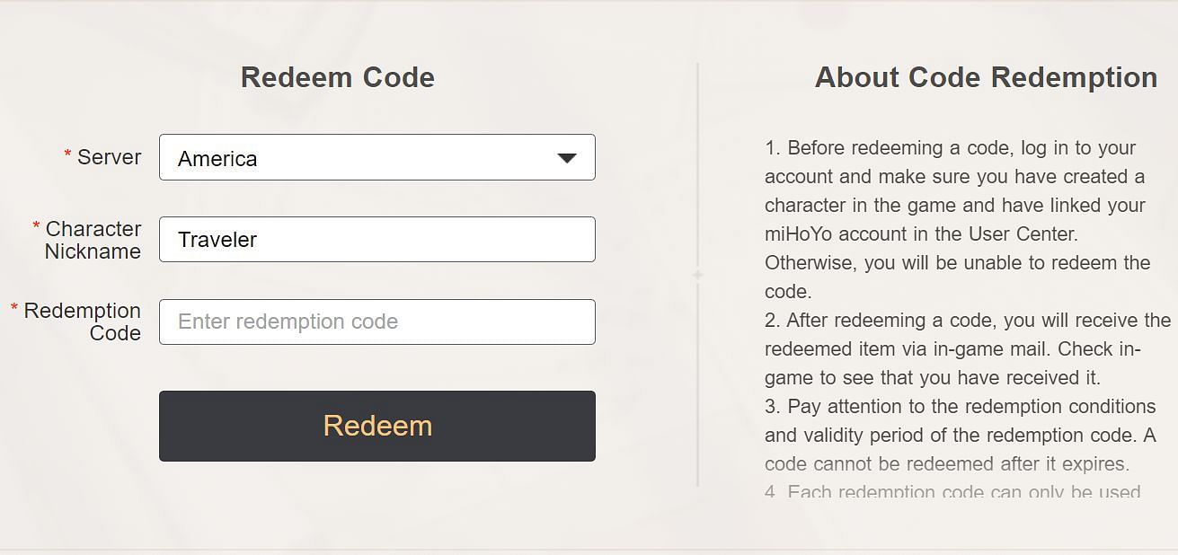 Online redeem code exchange service for Genshin Impact (Image via miHoYo)