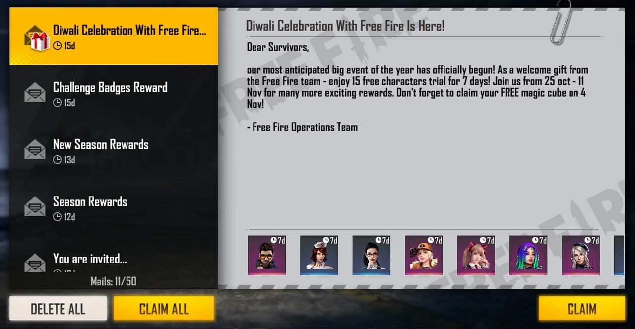 Players can claim the characters from the mail section (Image via Garena)