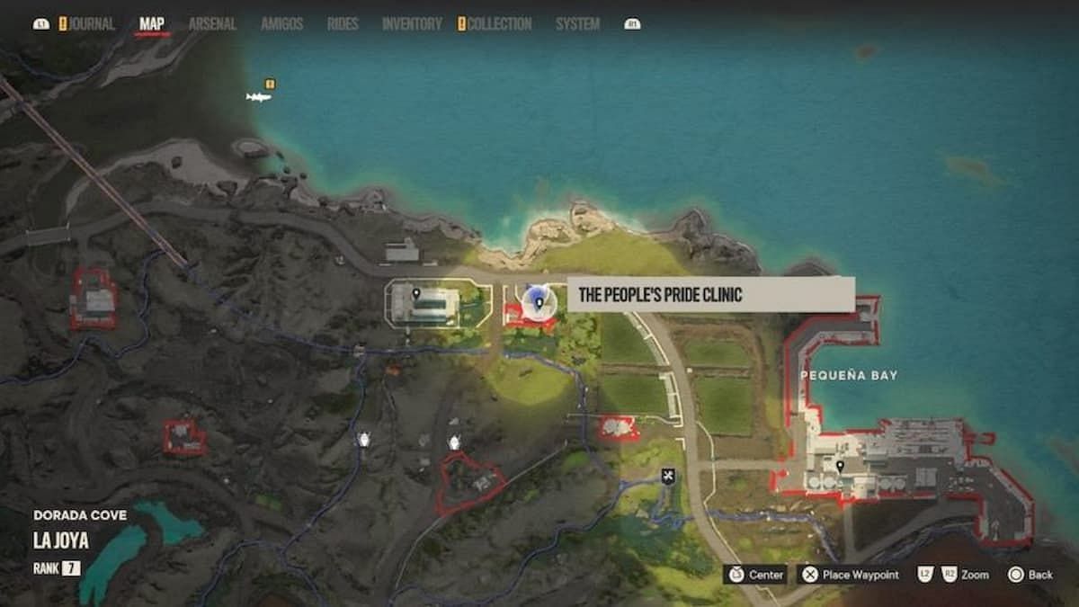 The People&#039;s Pride Clinic on the Far Cry 6 map. (Image via Ubisoft)