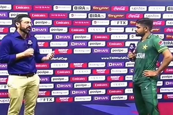 Bazid Khan and Babar Azam during the India vs Pakistan clash. Pic: Twitter