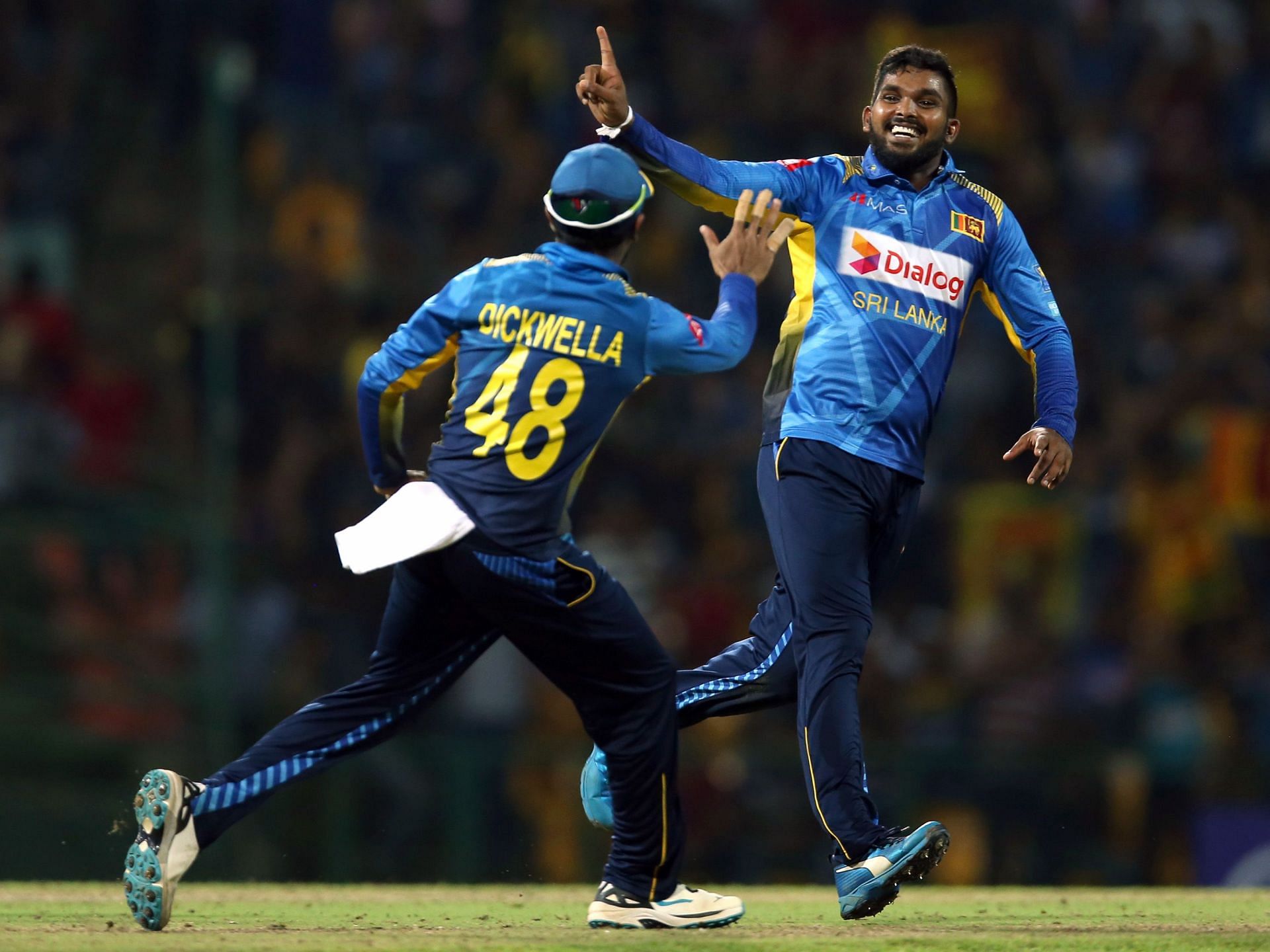 Wanindu Hasaranga in action for Sri Lanka