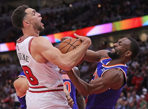 Zach LaVine (L) of the Chicago Bulls is playing through a left thumb injury