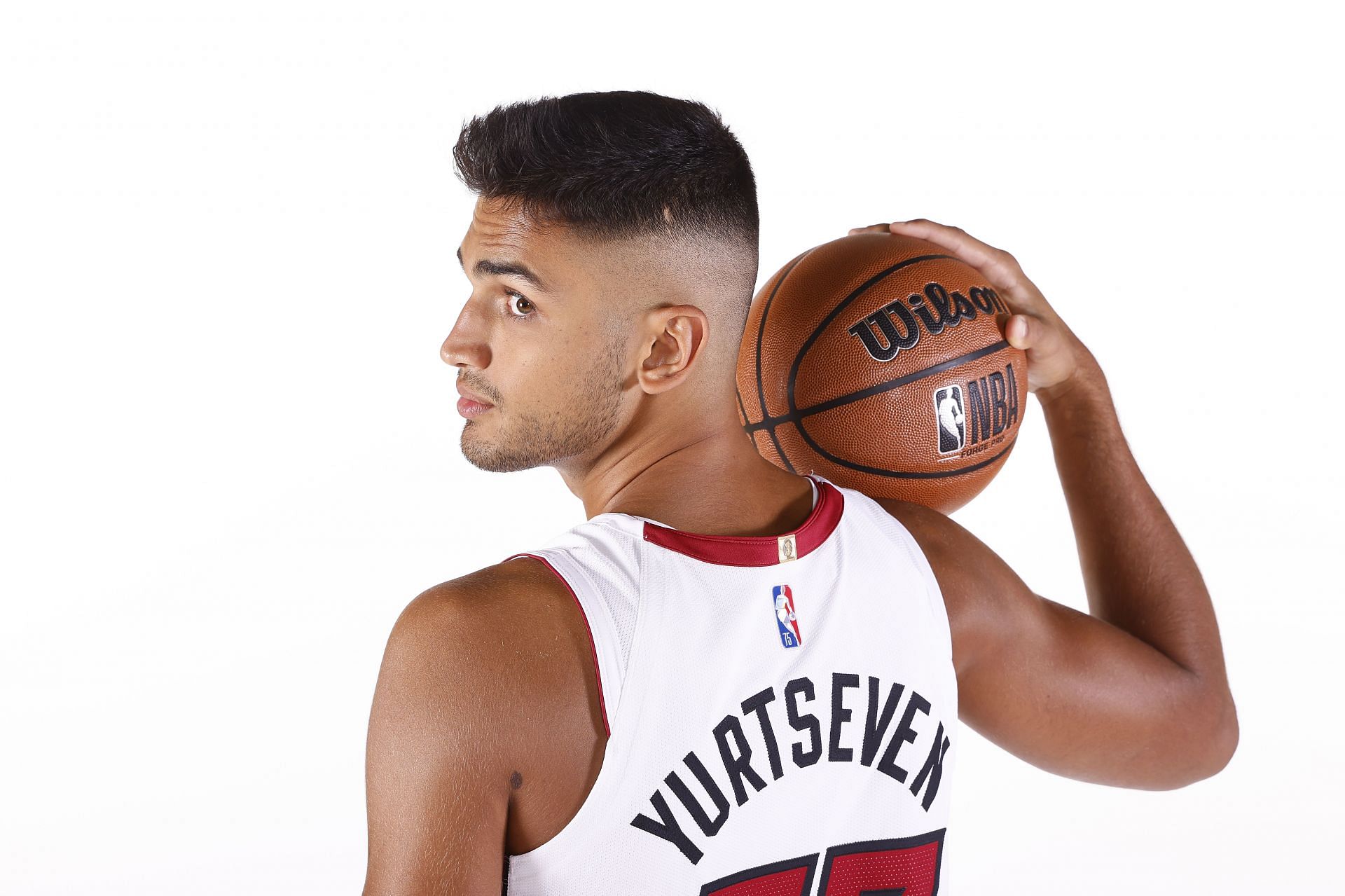 Omer Yurtseven #77 of the Miami Heat poses for a photo during Media Day at FTX Arena on September 27, 2021 in Miami, Florida.