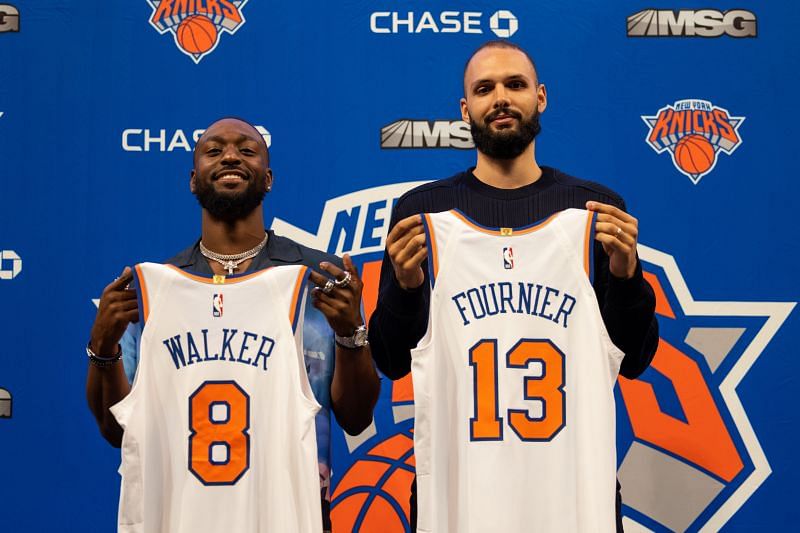 Kemba Walker (#8) and Evan Fournier (#13) of the New York Knicks
