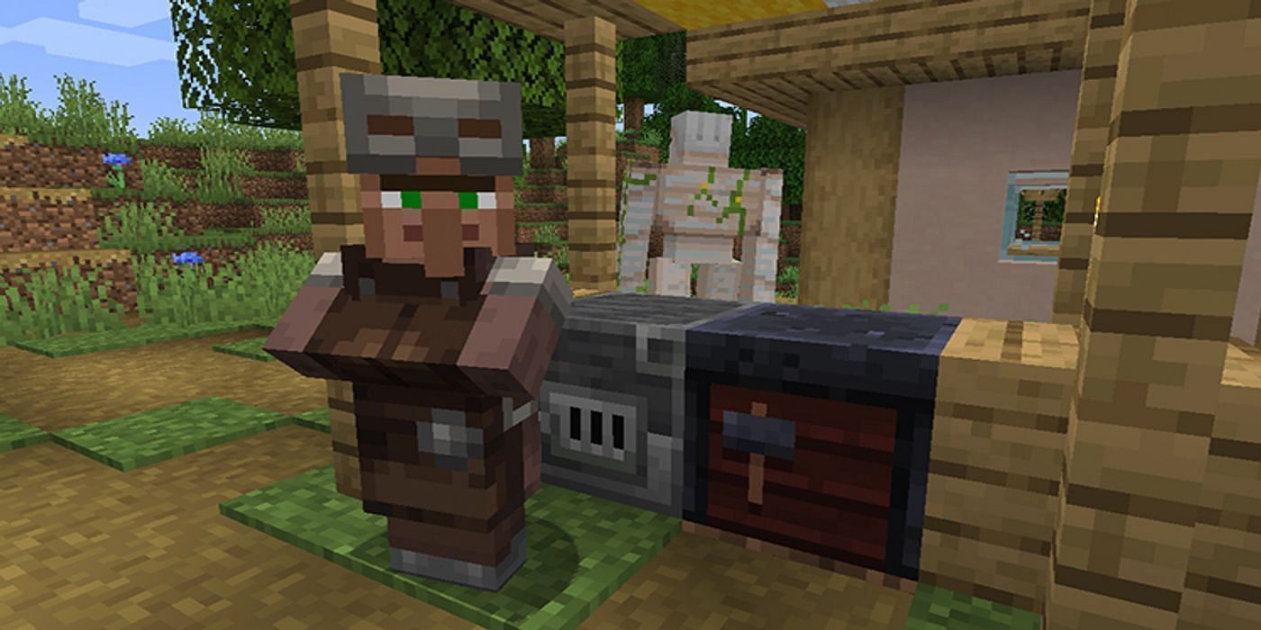 A blacksmith villager at their job site with an iron golem lumbering by in the distance (Image via Mojang)