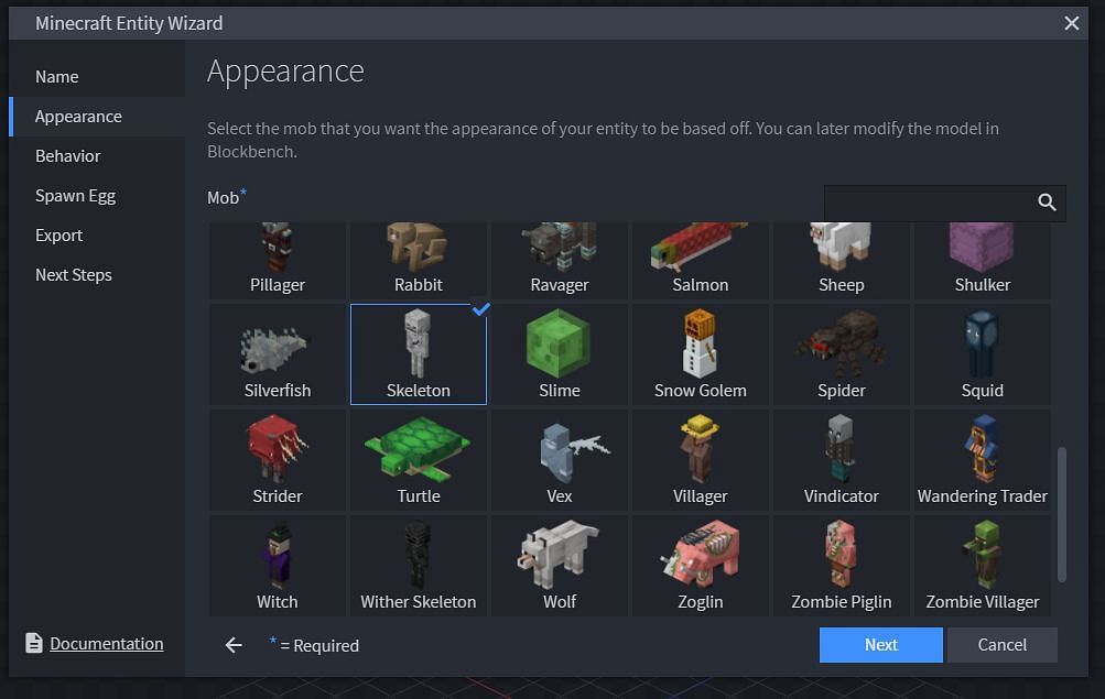 Players now need to select a base for their mobs appearance (Image via Blockbench)