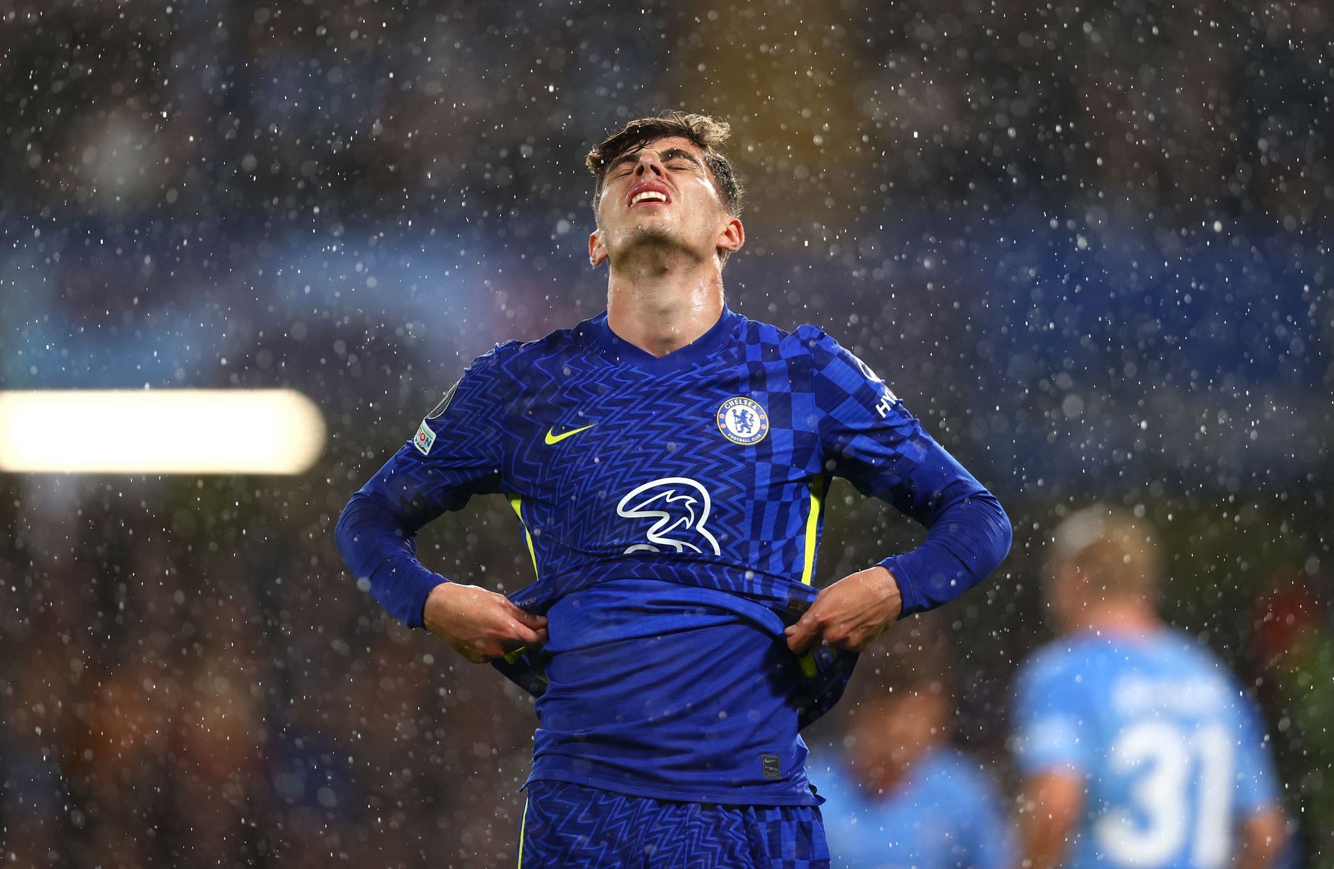 Chelsea&#039;s Kai Havertz rues a missed opportunity as it pours cats and dogs at Stamford Bridge.