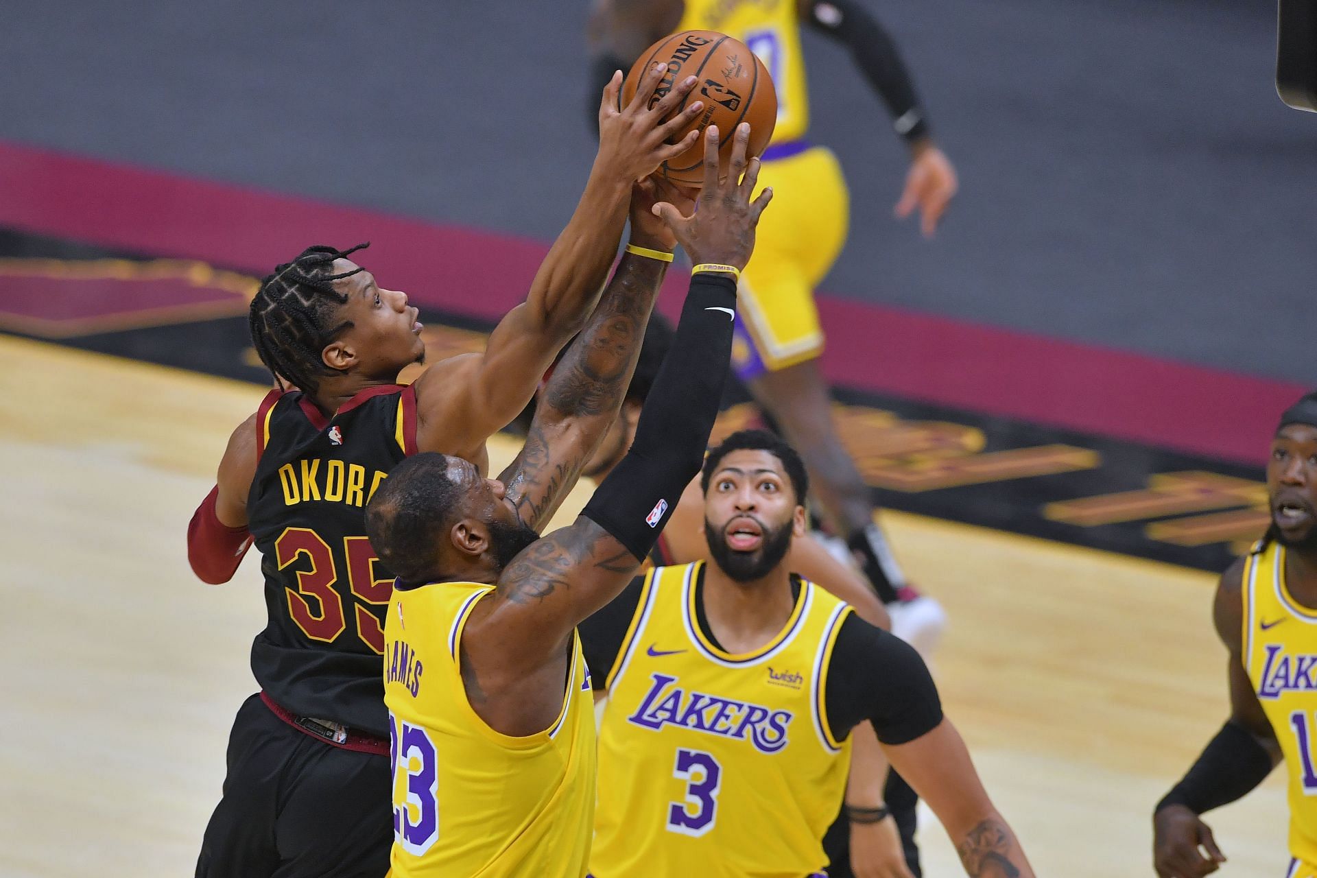 A snap from a game between the Los Angeles Lakers  and the Cleveland Cavaliers.