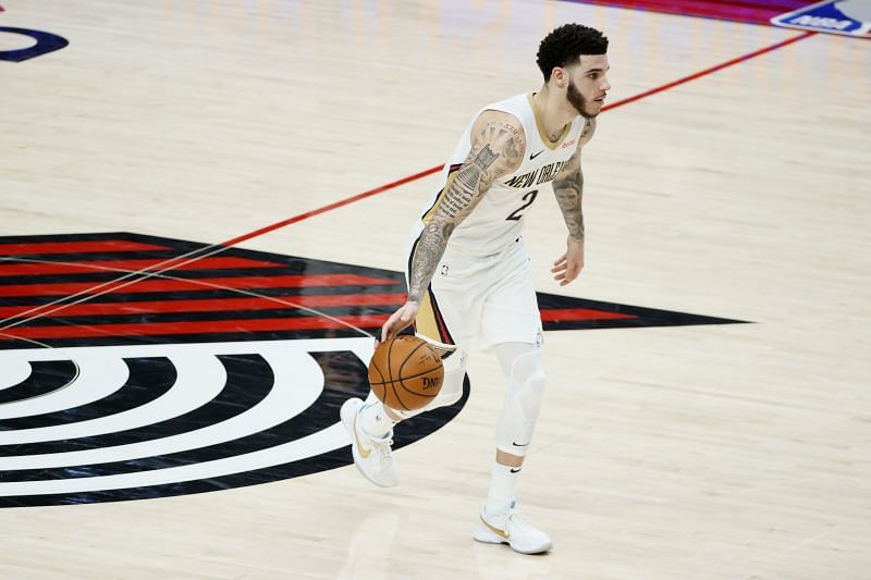 Lonzo Ball #2 of the New Orleans Pelicans dribbles against the Portland Trail Blazers during the second quarter at Moda Center on March 18, 2021 in Portland, Oregon.