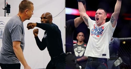 UFC welterweight champion Kamaru Usman (center) with his coach Trevor Wittman (left) and his next title challenger Colby Covington (right)