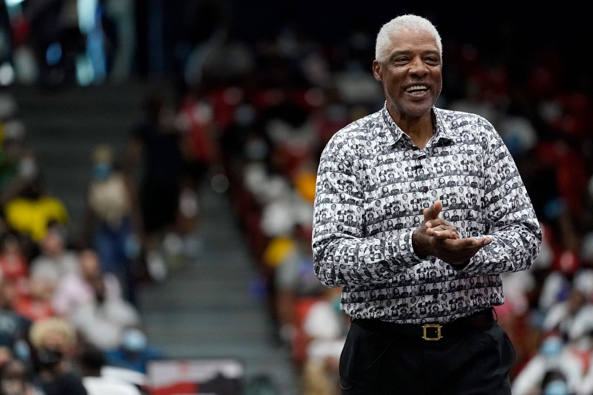 Coach Julius Erving of Tri State reacts during the game against the Ball Hogs during BIG3 - Week Six at Credit Union 1 Arena on August 07, 2021 in Chicago, Illinois.