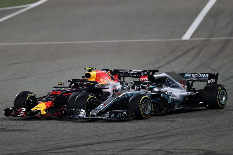 Max Verstappen battles with Lewis Hamilton of Great Britain at Bahrain International Circuit on April 8, 2018 in Bahrain, Bahrain. (Photo by Lars Baron/Getty Images)