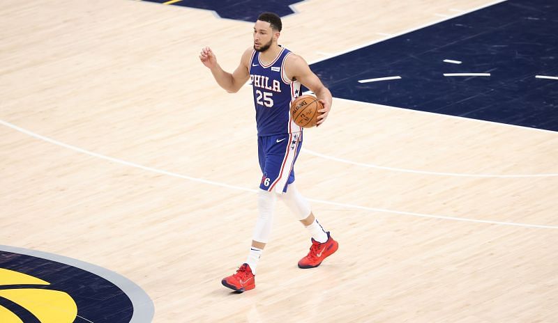 Ben Simmons of the Philadelphia 76ers brings the ball up against the Indiana Pacers