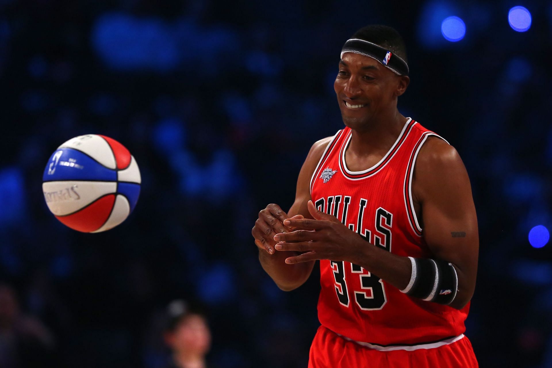 NBA Legend Scottie Pippen #33 competes during the Degree Shooting Stars Competition as part of the 2015 NBA Allstar Weekend at Barclays Center on February 14, 2015 in the Brooklyn borough of New York City.