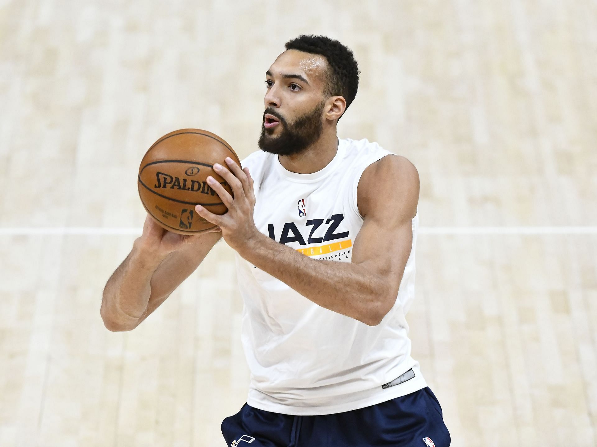 Rudy Gobert #27 of the Utah Jazz warms up before a game against the Brooklyn Nets at Vivint Smart Home Arena on March 24, 2021 in Salt Lake City, Utah.