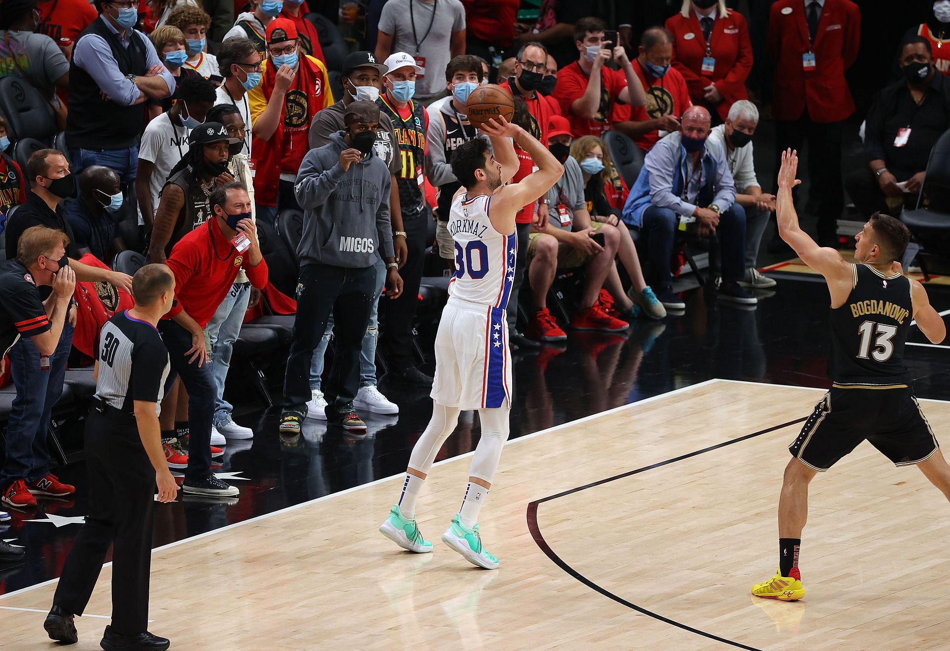 Philadelphia 76ers shooting guard Furkan Korkmaz #30 taking a three