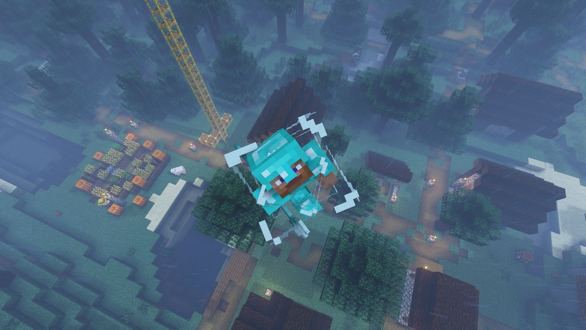 A player launching themselves in the air using a trident (Image via Minecraft)