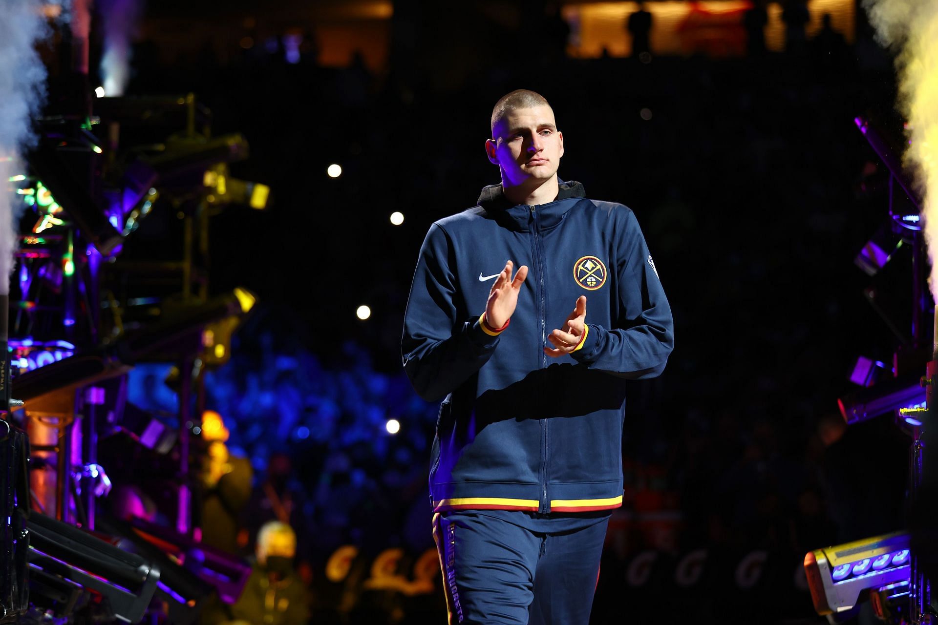 Nikola Jokic at the team introduction ahead of a Denver Nuggets game