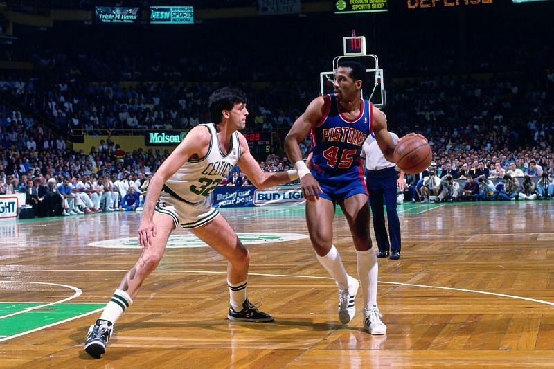 AD (45) with the Detroit Pistons, guarded by Kevin McHale of the Boston Celtics.