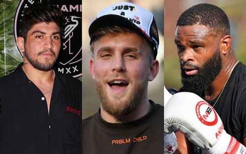 Dillon Danis (left); Jake Paul (center); Tyron Woodley (right)