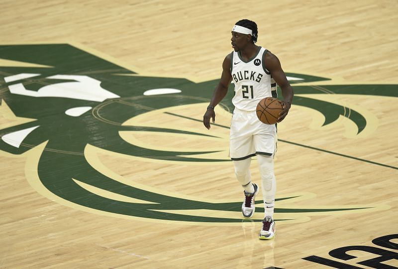 Jrue Holiday brings the ball up court for the Milwaukee Bucks