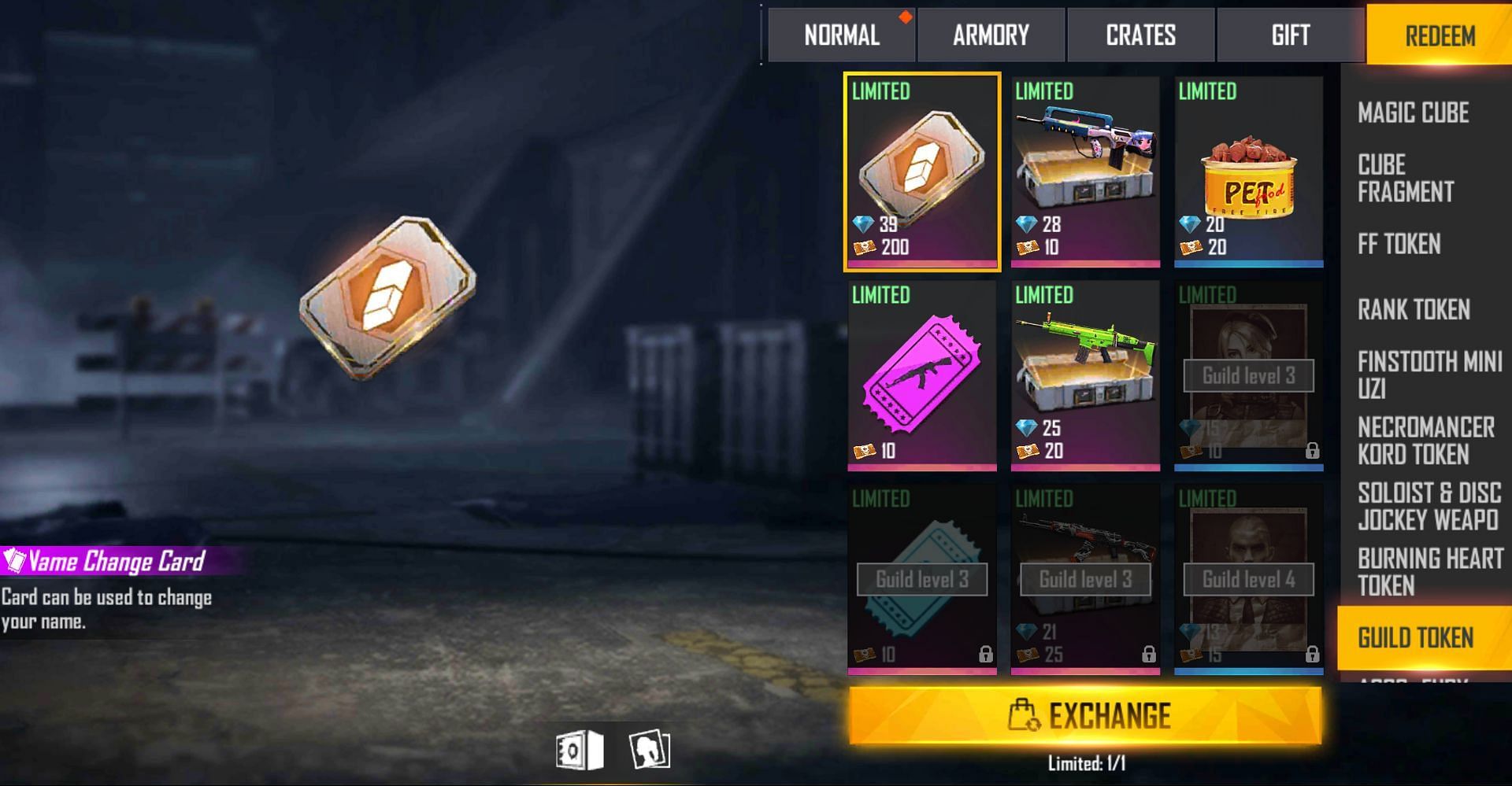 The name change card can be exchanged for guild tokens and diamonds (Image via Free Fire)