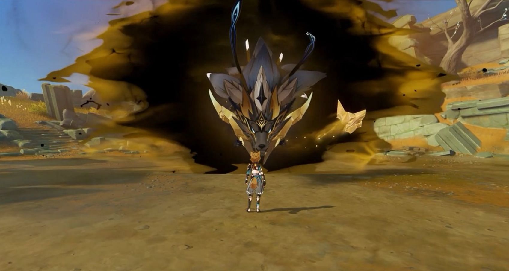 The Golden Wolflord emerges from a rift(Image via Genshin Impact/Waffel)