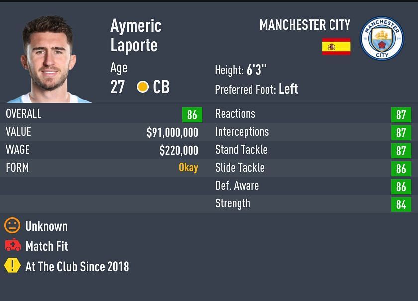Laporte has a starting potential of 89 in FIFA 22 Career Mode (Image via Sportskeeda)