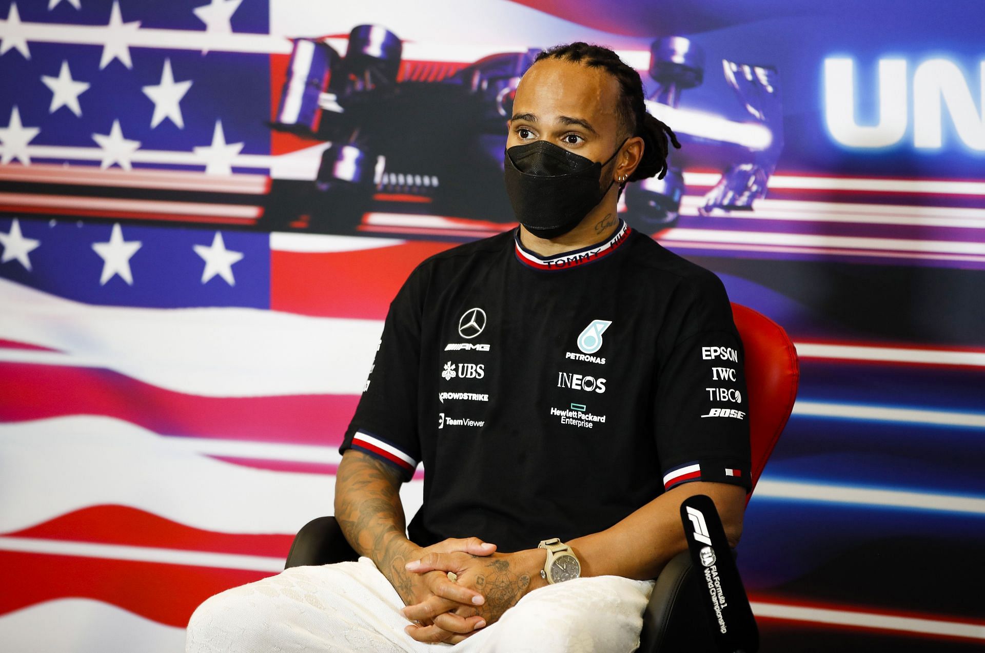 Second-placed Lewis Hamilton talks in the press conference after the 2021 USGP in Austin, Texas. (Photo by Zak Mauger - Pool/Getty Images)