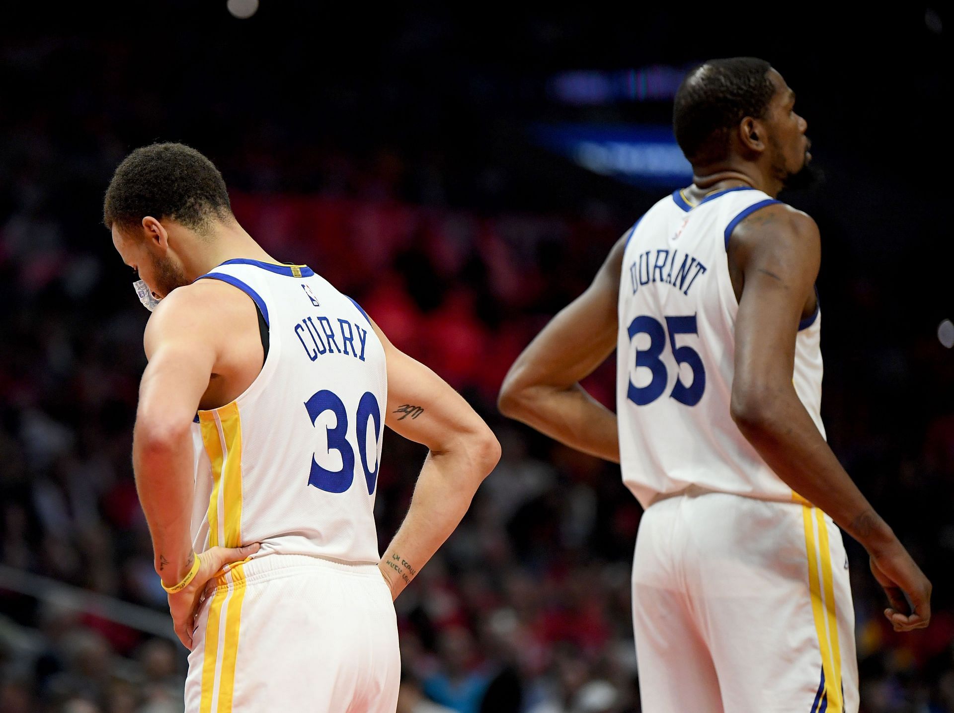 Stephen Curry #30 and Kevin Durant #35 of the Golden State Warriors in a 129-110 win over the LA Clippers during Game Six of Round One of the 2019 NBA Playoffs at Staples Center on April 26, 2019 in Los Angeles, California.