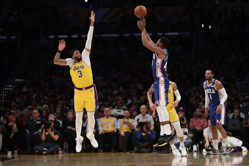 Anthony Davis in action during the Philadelphia 76ers vs LA Lakers game.