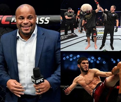 Daniel Cormier (left), Khabib Nurmagomedov (top right), and Islam Makhachev (bottom right)