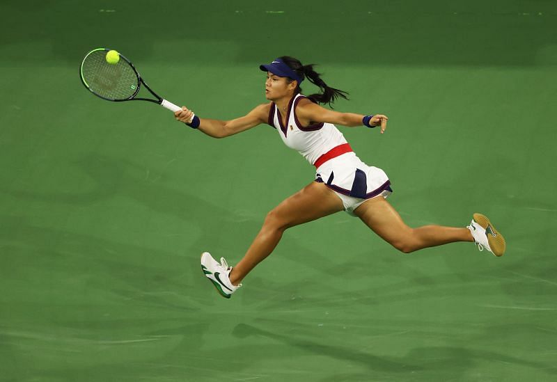 Emma Raducanu during her loss to Aliaksandra Sasnovich at the 2021 BNP Paribas Open