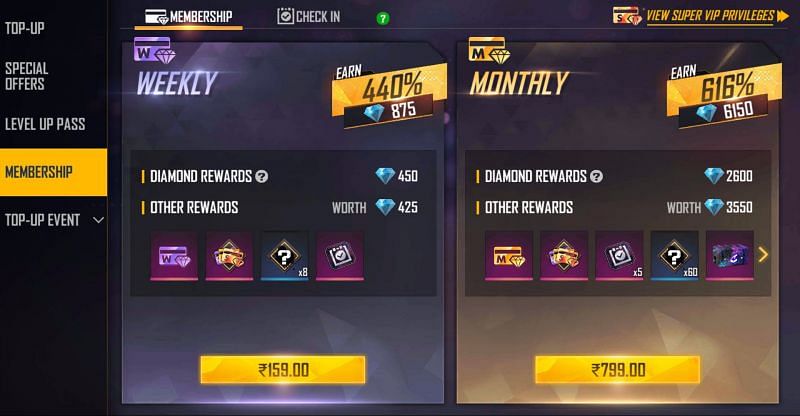 The membership options (Image via Free Fire)