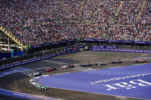 Racing action at the 2019 CBMM Niobium Mexico City E-Prix - Credit: Courtesy of Formula E. Used with permission.