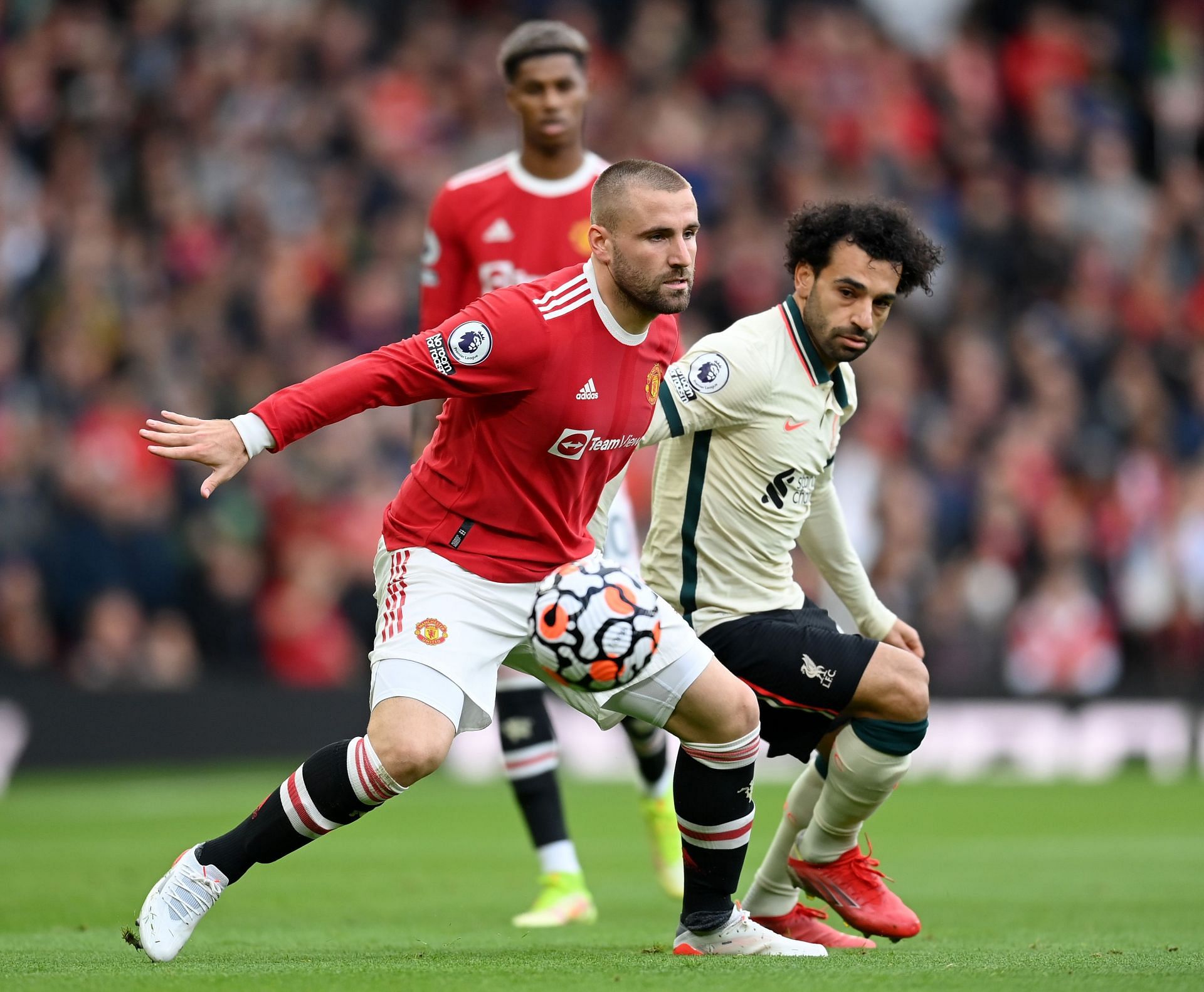 Manchester United&#039;s Luke Shaw was all at sea against Liverpool&#039;s Mohamed Salah.