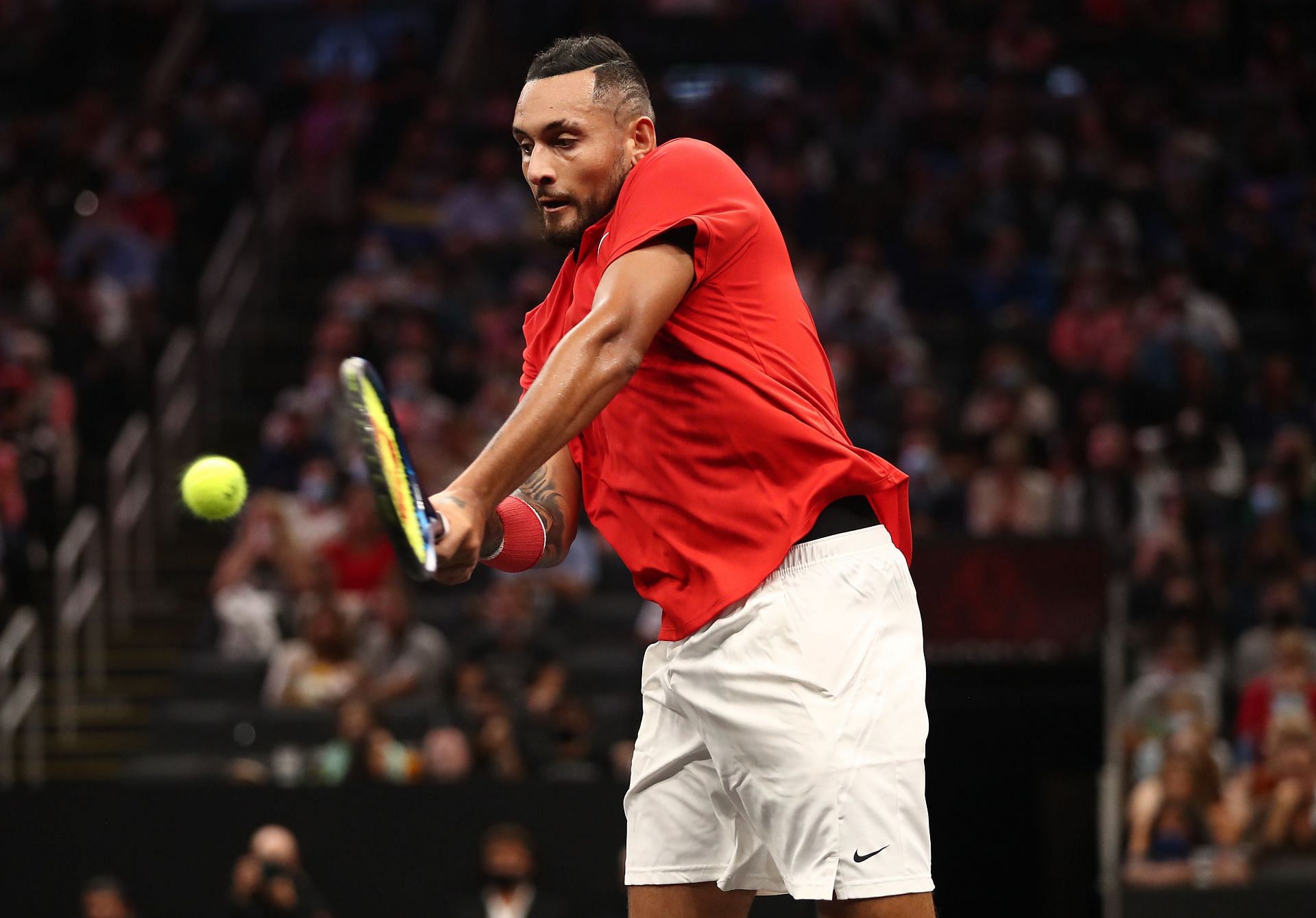 Nick Kyrgios of Team Europe on Day 2 of the 2021 Laver Cup at TD Garden on September 25, 2021 in Boston, Massachusetts