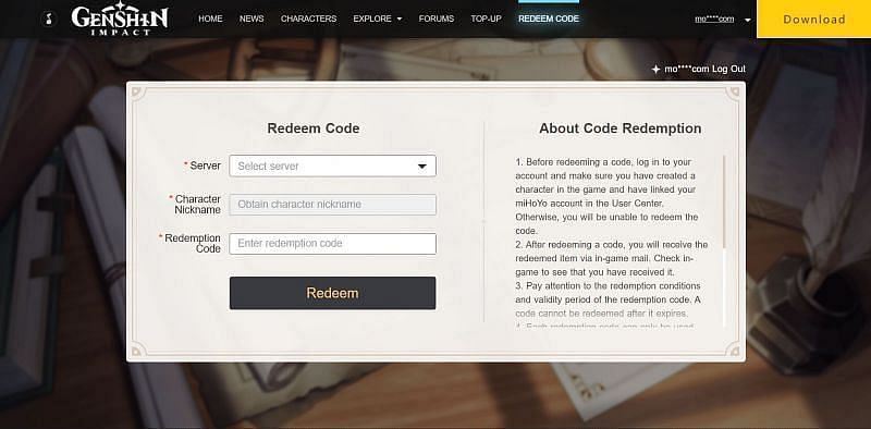 Redeem code by Genshin Impact code redemption page (Image via Genshin Impact)