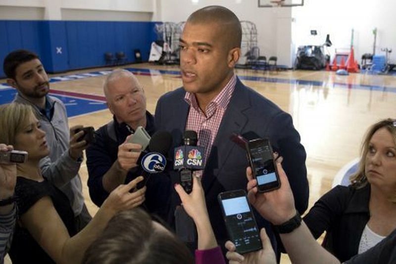 In this AP photo, Marc Eversley speaks to the Philadelphia 76ers media in Camden, New Jersey