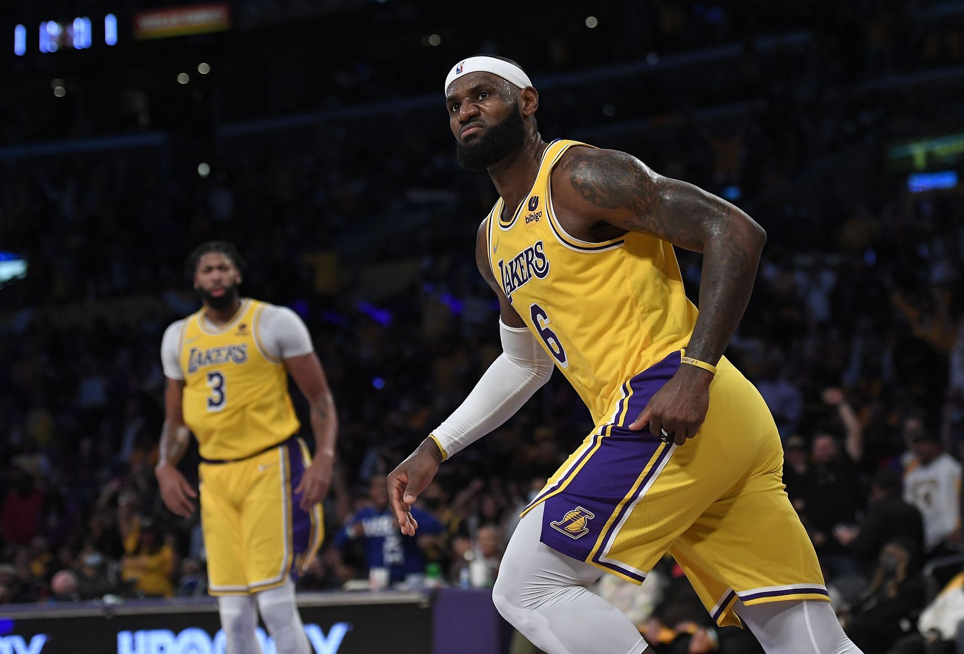 LeBron James #6 of the Los Angeles Lakers reacts after scoring during the second half against the Golden State Warriors at Staples Center on October 19, 2021 in Los Angeles, California.