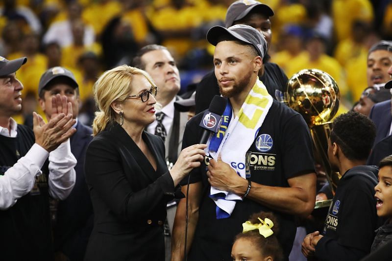 Stephen Curry gives an interview after winning the 2017 NBA Finals