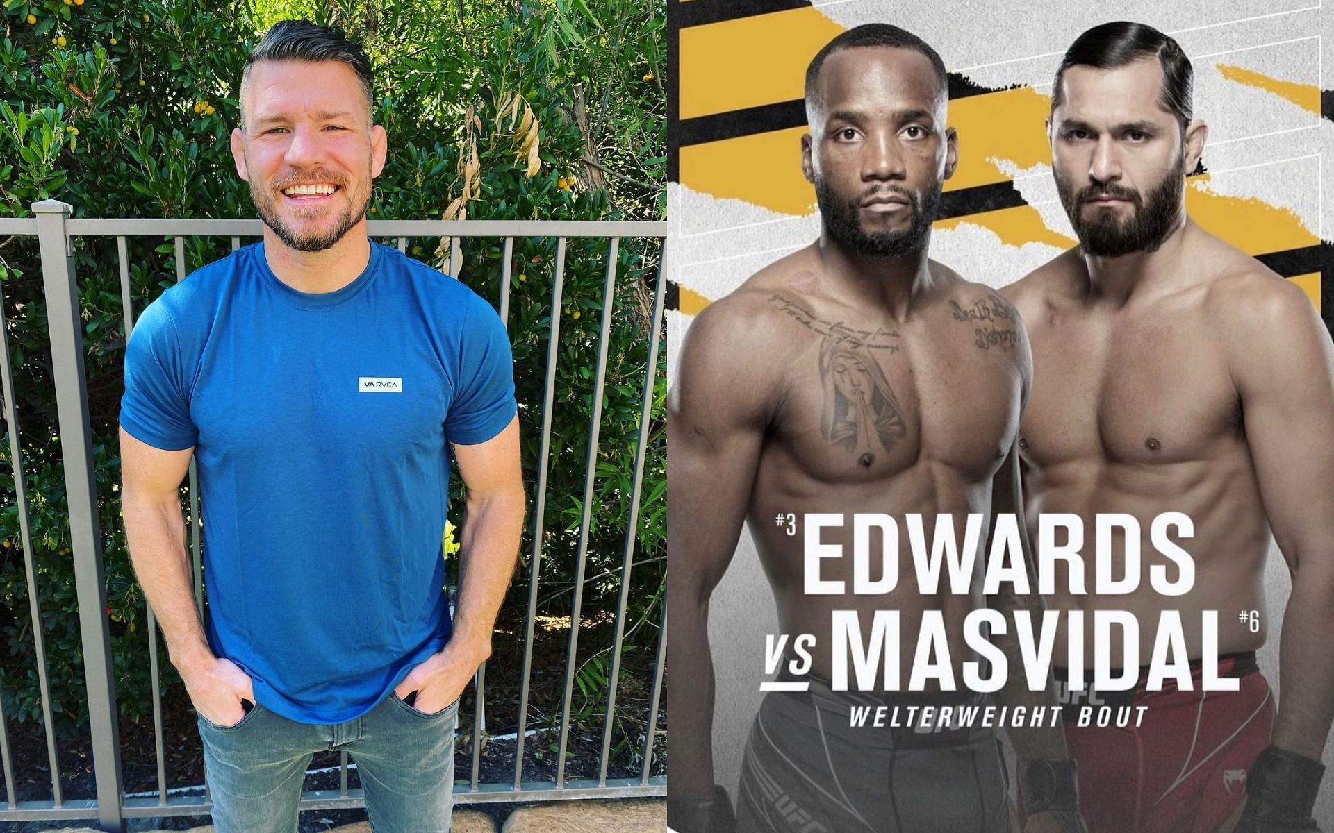 Michael Bisping (L) and Leon Edwards vs Jorge Masvidal poster (R) via Instagram @mikebisping and @leonedwardsmma