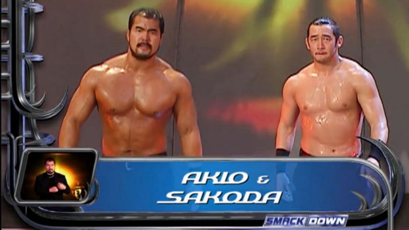 Ryan Sakoda (left) and Akio making their entrance on SmackDown