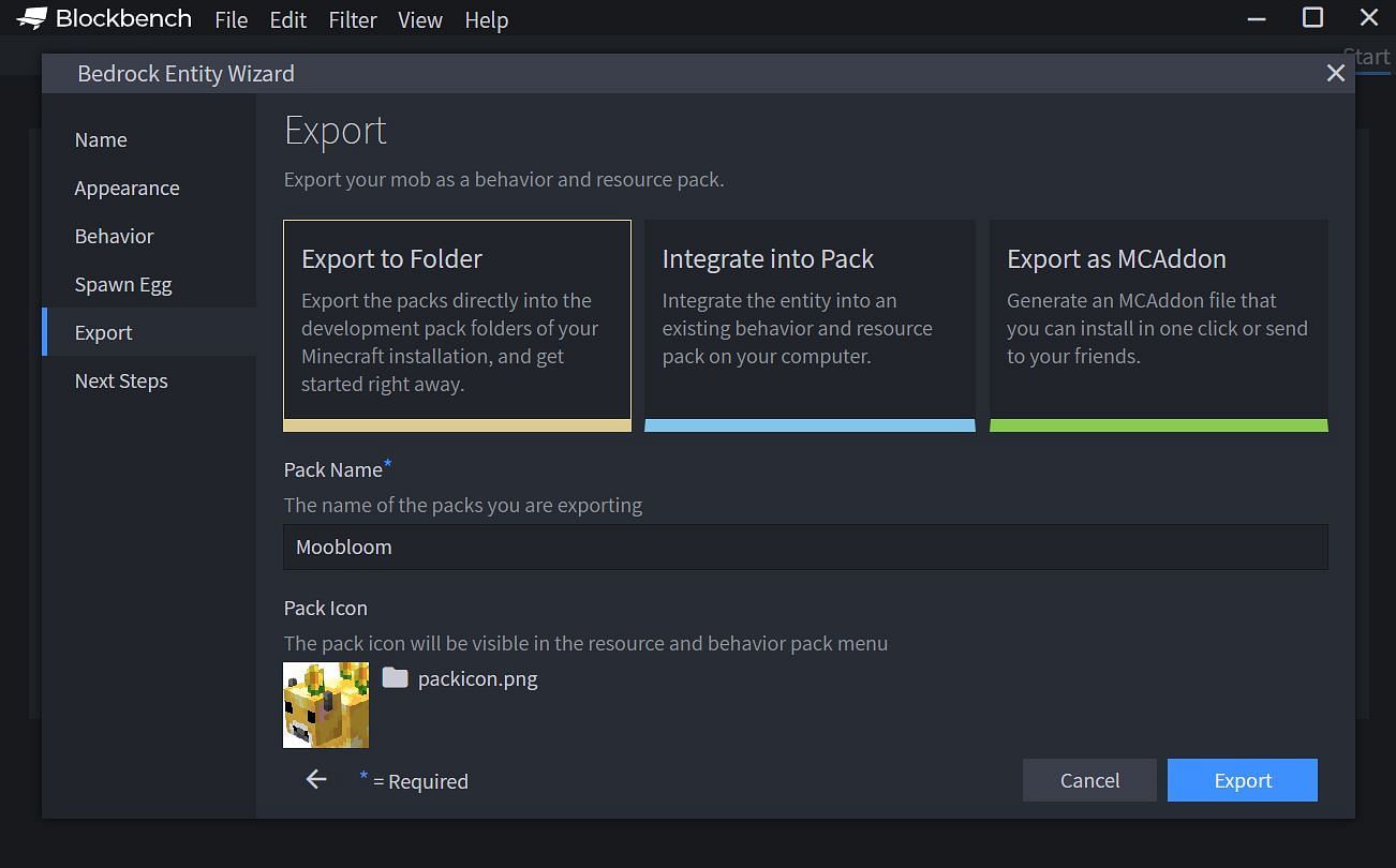 There are three different ways to export the newly created Minecraft mob pack (Image via Microsoft)