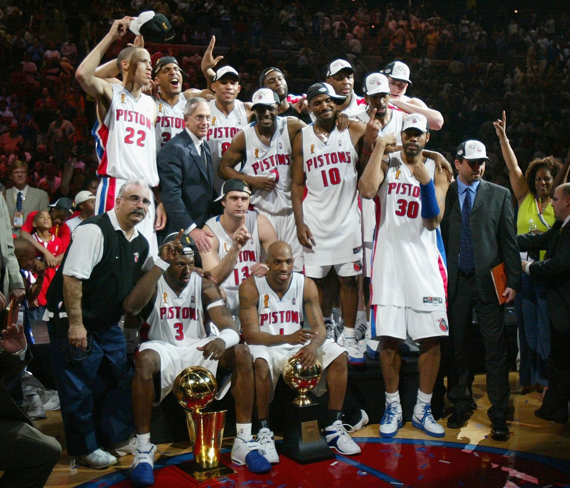 The Detroit Pistons pose for a team picture after defeating the Los Angeles Lakers in game five of the 2004 NBA Finals to win the title.