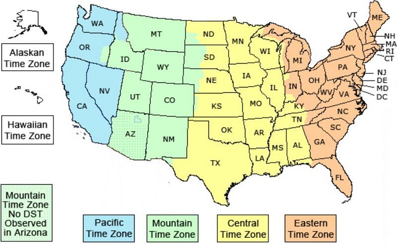 A map of various American timezones (Image via Time Temperature)