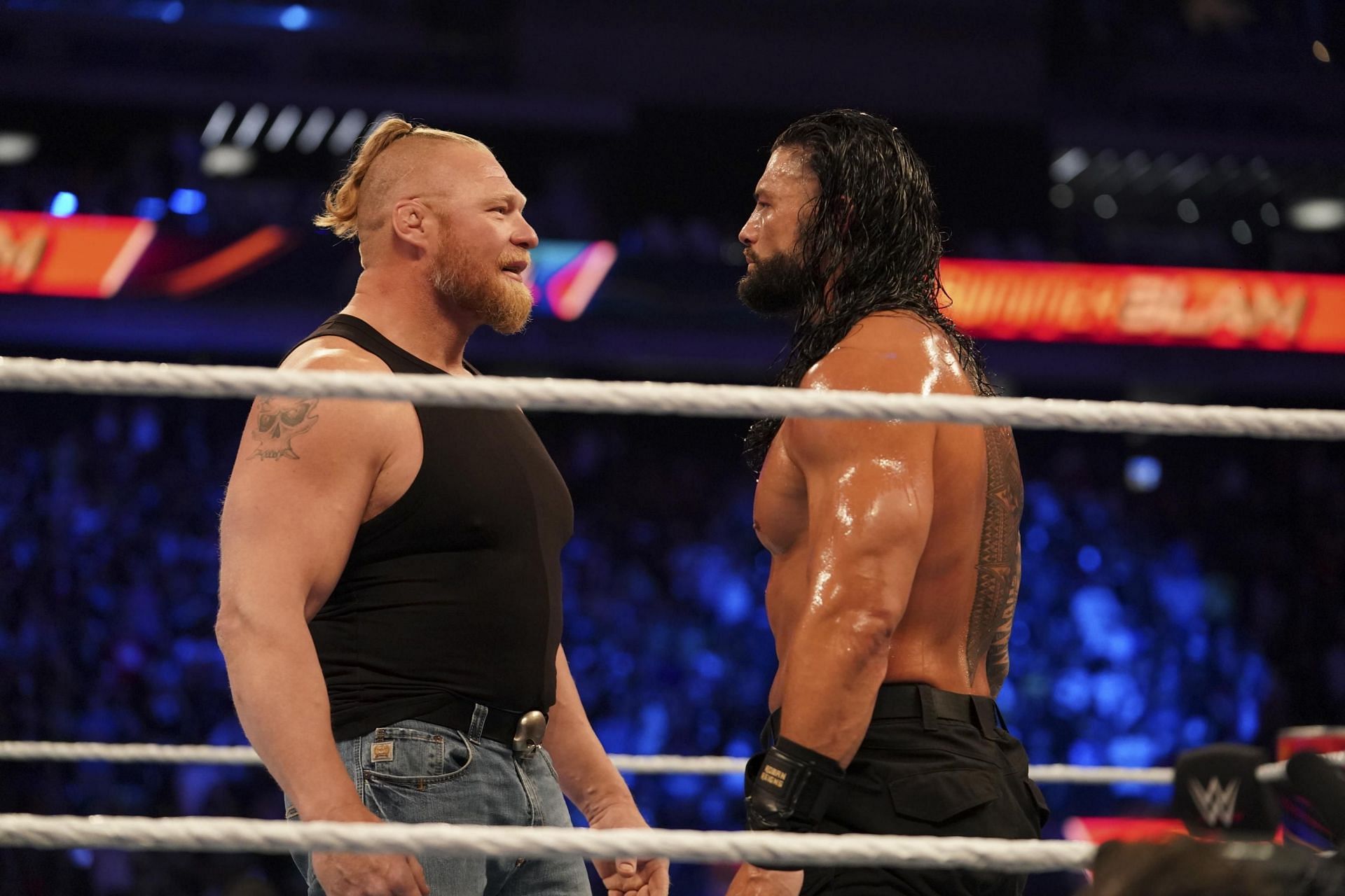 Brock Lesnar (left) and Roman Reigns (right)