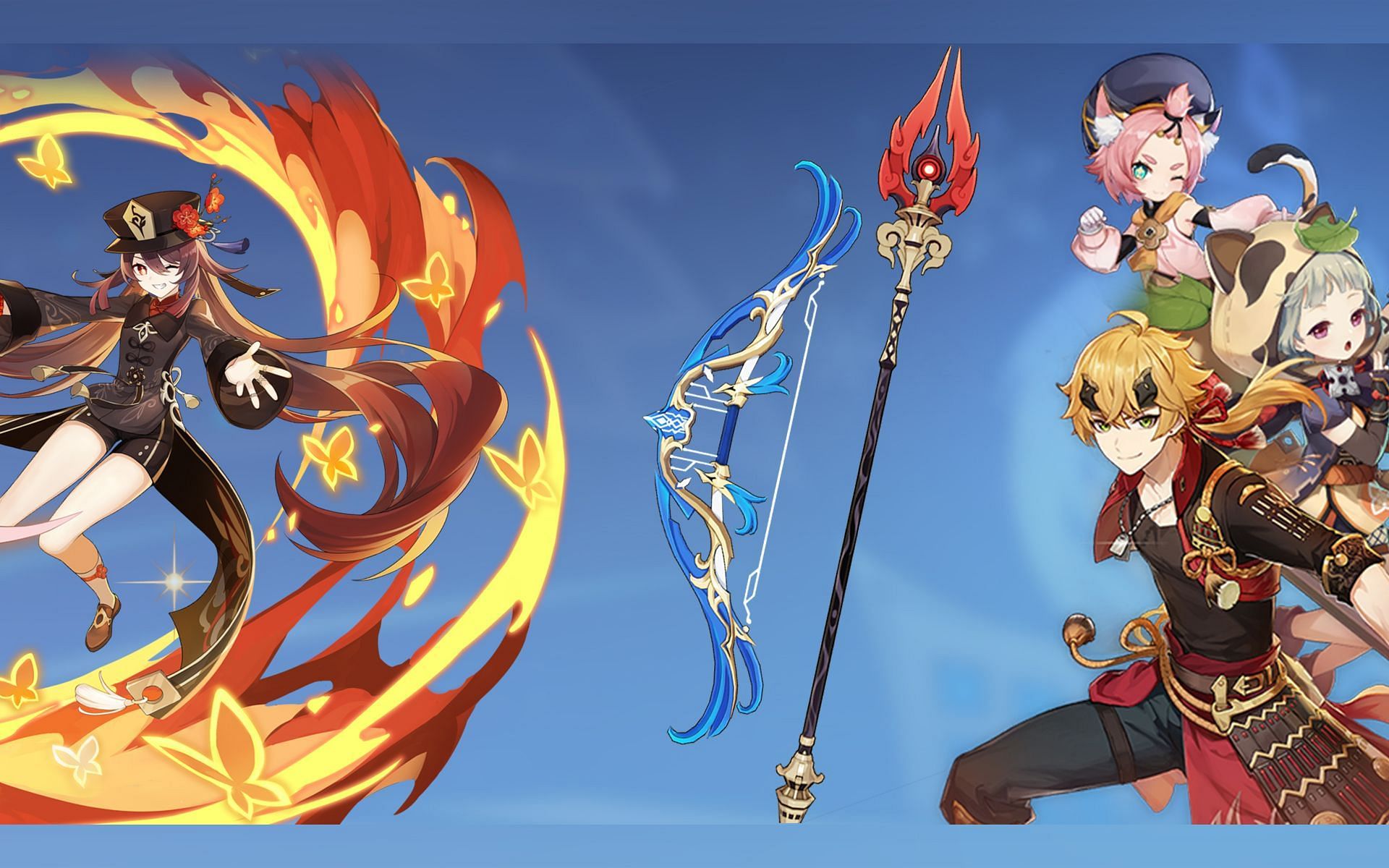 Four-star characters in Hu Tao&#039;s banner and upcoming five-star weapons in Genshin Impact revealed (Image via Sportskeeda)