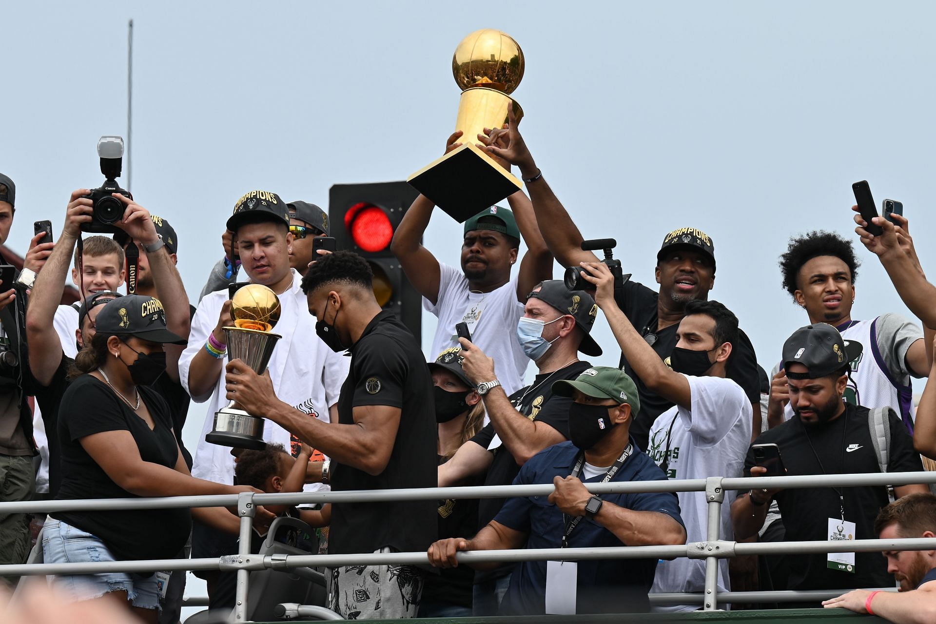 The Milwaukee Bucks display the Larry O&#039;Brien Championship trophy during their 2021 NBA Championship Parade and Rally on July 22, 2021 in Milwaukee, Wisconsin.
