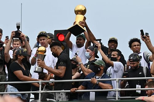 The Milwaukee Bucks display the Larry O'Brien Championship trophy during their 2021 NBA Championship Parade and Rally on July 22, 2021 in Milwaukee, Wisconsin.